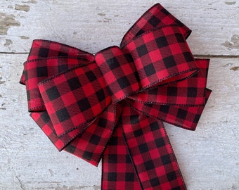 Red and Black Buffalo Check Bow, Christmas Decor, Christmas Tree Topper, Garland, Red Wreath Bow, Holiday Decor, Christmas Wreath Bow