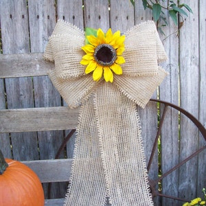 Burlap and Sunflower Pew Bow, Country Wedding Decor, Barn Wedding, Sunflower Wedding, Rustic Wedding