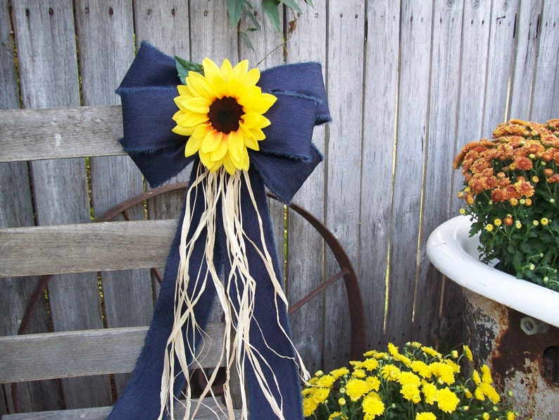 Wired Denim Bow, Sunflowers, Pew Bow, Sunflower Wedding, Navy and Yellow, Church Aisle, Rustic Wedding, Barn Wedding, Rustic Decor, Wreath immagine 3