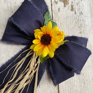 Wired Denim Bow, Sunflowers, Pew Bow, Sunflower Wedding, Navy and Yellow, Church Aisle, Rustic Wedding, Barn Wedding, Rustic Decor, Wreath image 4