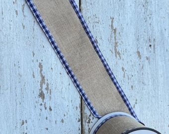 LINEN AND GINGHAM Ribbon, Navy Blue Gingham and Natural Linen, Wreath Bow, Lightly Wired, Burlap, Gift Bags, Back to School, County, Vintage