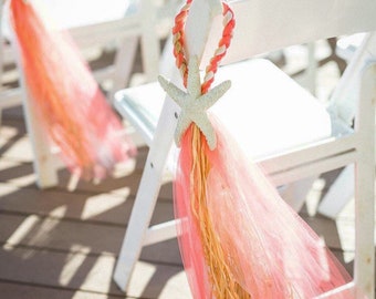 Tulle and Raffia Chair Hangers, Painted Starfish, Pew Bow, OVER 20 COLORS, Beach Decor, Destination Wedding, Starfish Wedding, Beach Aisle