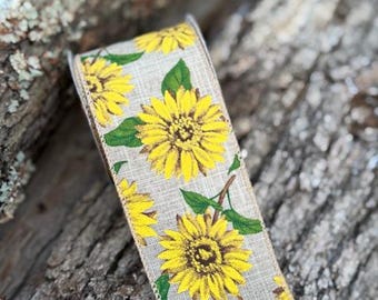 SUNFLOWER RIBBON, 3 yards, 2.5 inches wide, Wired Ribbon, Burlap, Linen, Country Weddings, Barn Events, Wreath Bows, Wreaths, Mantel Bows