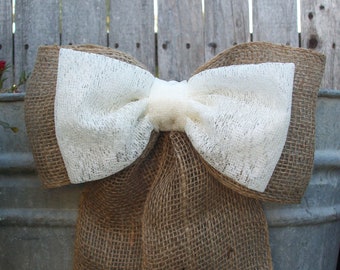 Wedding Decorations, White Lace, Pew Bows, Burlap and Lace, Rustic Wedding Decor, Country Wedding, Ivory Lace, Wreath Bow, Home Decor