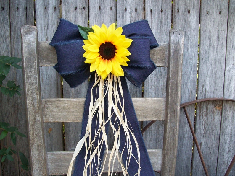Wired Denim Bow, Sunflowers, Pew Bow, Sunflower Wedding, Navy and Yellow, Church Aisle, Rustic Wedding, Barn Wedding, Rustic Decor, Wreath image 5