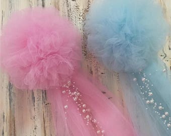 Pom Pew Bows, Tulle and Pearl Bows, Church Pew, Pew Bows, Aisle Decor, Quinceanera, Chair Hangers, Choose from OVER 30 COLORS