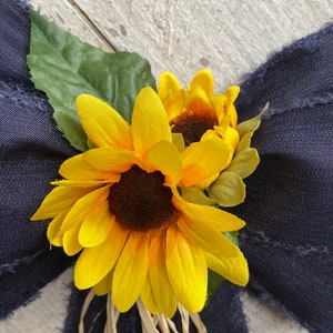 Wired Denim Bow, Sunflowers, Pew Bow, Sunflower Wedding, Navy and Yellow, Church Aisle, Rustic Wedding, Barn Wedding, Rustic Decor, Wreath immagine 7