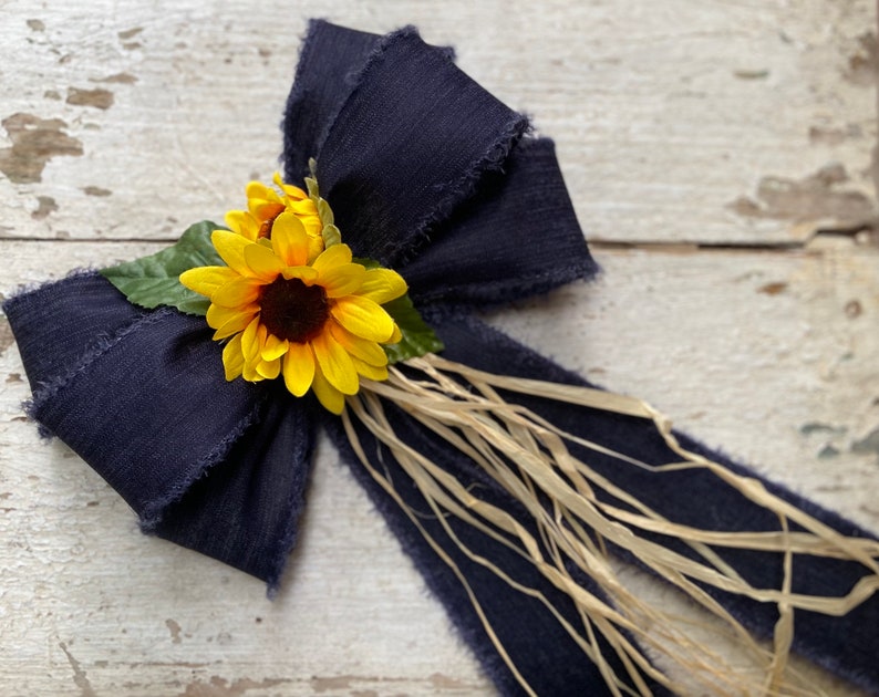 Wired Denim Bow, Sunflowers, Pew Bow, Sunflower Wedding, Navy and Yellow, Church Aisle, Rustic Wedding, Barn Wedding, Rustic Decor, Wreath image 2