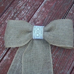 Burlap and Lace Pew Bow, Cottage Chic, Country Wedding Decor, Rustic Pew Bow, Burlap Wedding Decor