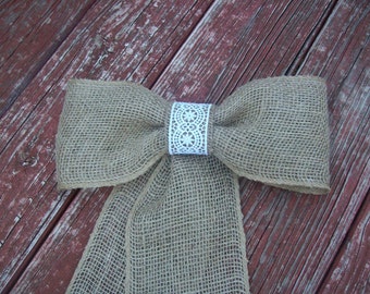 Burlap and Lace Pew Bow, Cottage Chic, Country Wedding Decor, Rustic Pew Bow, Burlap Wedding Decor