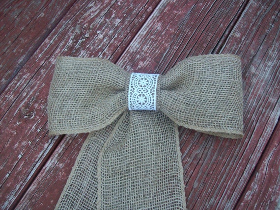 Burlap and Lace Pew Bow, Cottage Chic, Country Wedding Decor, Rustic Pew Bow, Burlap Wedding Decor, FREE SHIPPING