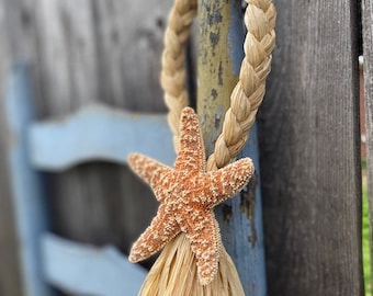 NEW, Natural Raffia Chair Hangers, Choice of Center Embellishments, Starfish, Seashells, Finger Starfish, Beach Aisle, Destination Wedding