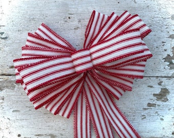 Red and White Stripe Bow, Valentine’s Day Bow, Candy Cane Stripe Ribbon, Christmas Bow, Christmas Wreath, Ticking, Gift Bow, Tree Topper