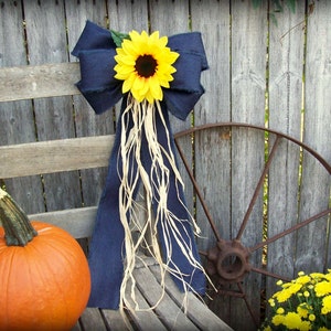 Wired Denim Bow, Sunflowers, Pew Bow, Sunflower Wedding, Navy and Yellow, Church Aisle, Rustic Wedding, Barn Wedding, Rustic Decor, Wreath image 1