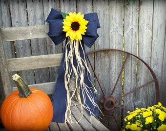 Wired Denim Bow, Sunflowers, Pew Bow, Sunflower Wedding, Navy and Yellow, Church Aisle, Rustic Wedding, Barn Wedding, Rustic Decor, Wreath