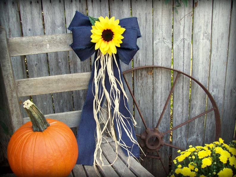 Wired Denim Bow, Sunflowers, Pew Bow, Sunflower Wedding, Navy and Yellow, Church Aisle, Rustic Wedding, Barn Wedding, Rustic Decor, Wreath immagine 1