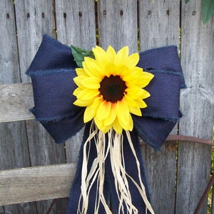 Wired Denim Bow, Sunflowers, Pew Bow, Sunflower Wedding, Navy and Yellow, Church Aisle, Rustic Wedding, Barn Wedding, Rustic Decor, Wreath immagine 6