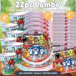 May include: A 22-piece party supply combo set featuring 6 cups, 6 plates, and 10 napkins. The items display a colorful graphic print of various block-style cartoon characters. The plates are 7 inches, the cups are 4 inches, and napkins are 6 inches.