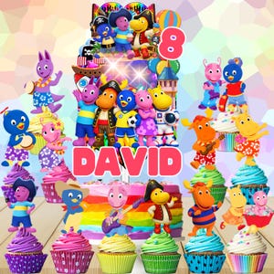 May include: A cake topper set featuring The Backyardigans characters, a large number 8, and the name DAVID in bold red letters. The set includes multiple individual character cutouts designed to be placed on cupcakes, all displaying colorful outfits and various accessories.