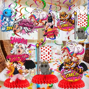May include: A collection of party decorations featuring colorful cartoon cutouts of characters, cats, dinosaurs, and text like I AM YELLING CARL and GODDAMMIT DONUT, paired with red honeycomb paper bases and hanging spiral streamers in various colors.