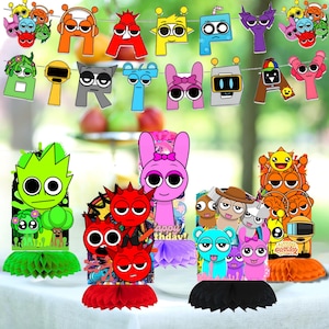 May include: A set of party decorations featuring a Happy Birthday banner with colorful letter-shaped cartoon characters and four standing honeycomb centerpieces displaying various illustrated creatures in vibrant shades of green, red, pink, blue, and orange.