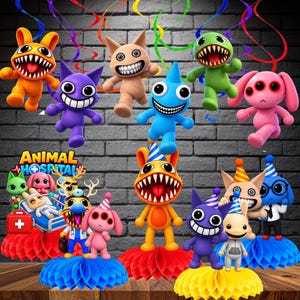 May include: A collection of colorful cartoon monster figures, including orange, purple, tan, blue, green, and pink characters. Some figures are suspended with colorful swirls, while others stand on honeycomb paper bases, some wearing party hats.