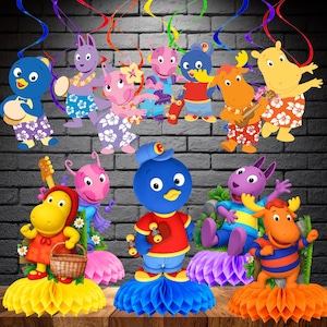 May include: A collection of Backyardigans party decorations featuring paper cutouts of Pablo, Tyrone, Uniqua, Tasha, and Austin characters. The set includes hanging swirl decorations and honeycomb centerpieces with colorful character illustrations.