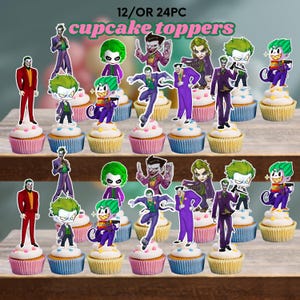 Pu&ograve; includere: Cupcake con glassa colorata e decorazioni che raffigurano varie immagini del Joker. Le decorazioni sono in pose e abiti diversi. Il testo "12/OR 24PC cupcake toppers" &egrave; nella parte superiore dell'immagine.