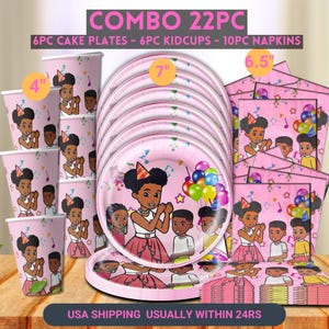 May include: A 22-piece party supply set featuring 6 cake plates, 6 cups, and 10 napkins. The items are pink with a cartoon illustration of children at a party, balloons, and musical notes. The plates are 7 inches, cups are 4 inches, and napkins are 6.5 inches.