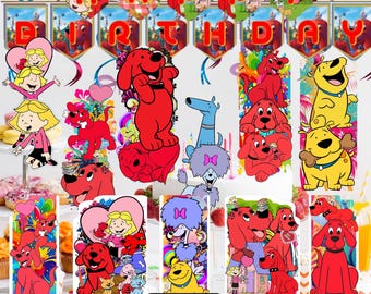 May include: A set of Clifford the Big Red Dog themed party decorations featuring various paper cutouts of Clifford, Emily Elizabeth, and other canine characters, accompanied by a Happy Birthday banner with red letters and yellow honeycomb bases.