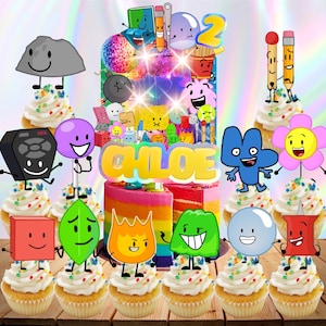 May include: A colorful birthday cake and cupcakes featuring cartoon characters. The cake has rainbow layers and the name "CHLOE" in gold. Cupcakes are topped with frosting and sprinkles, each with a different character.
