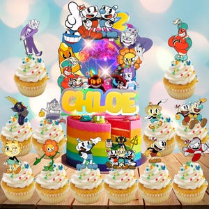 May include: A colorful birthday cake and cupcakes featuring characters from the Cuphead video game. The cake is rainbow-layered with the name "CHLOE" on top. Cupcakes are topped with white frosting and sprinkles, each with a different character.