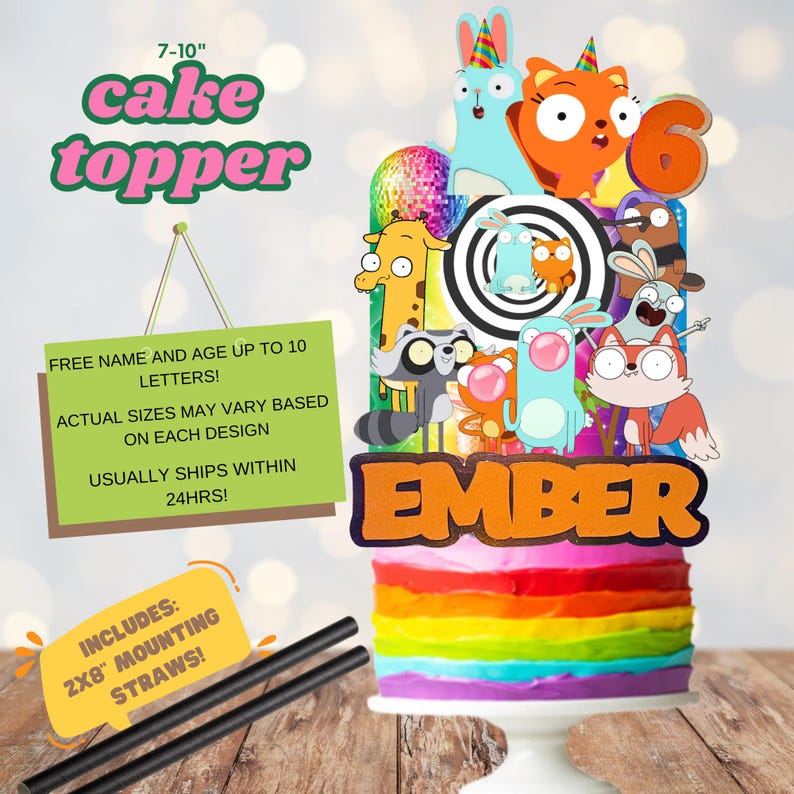 Op de afbeelding: Een veelkleurige taarttopper met stripfiguren, een discobal en een zwart-wit spiraalpatroon. De topper toont de naam EMBER in grote oranje letters en het cijfer 6. Inclusief twee zwarte bevestigingsrietjes van 20 cm.
