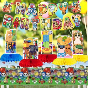 May include: A birthday party decoration set featuring a colorful 'HAPPY BIRTHDAY' banner with blocky character illustrations, five standing centerpieces with honeycomb bases in blue, red, and yellow, and a green tablecloth with character prints.