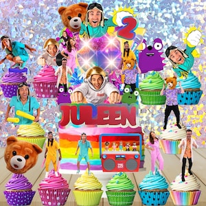 May include: A colorful cake topper set featuring a large red JULEEN sign, a red number two, a red boombox, and various cutouts of people, teddy bears, and purple monsters. The set includes multiple cupcake toppers with matching character designs.