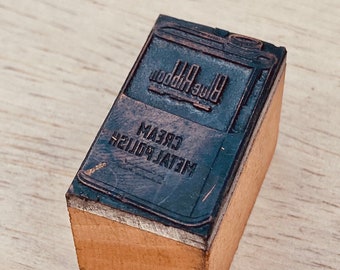 Blue Ribbon CREAM METAL POLISH Vintage Letterpress Printing Block, Copper engraving, Indianapolis Indiana, International Metal Polish Co Inc
