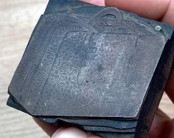 SUITCASE BRIEFCASE Vintage Copperplate Engraving Letterpress Printmaking Relief Printers Block, valise, wallet, satchel, handbag, leather