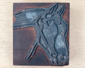 HORSE HEAD with BLINDERS and bridle Vintage Letterpress Printers Block, horse lovers gift, riding horses, horse tack metal engraving