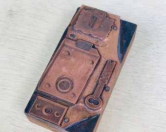 RUSSEL & ERWIN LOCK Set with keys Printers Block, Vintage Letterpress plate antique hardware store, Victorian locksmith gift Valentine