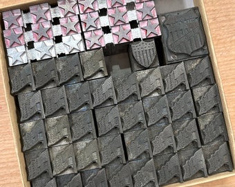PATRIOTIC Lot LETTERPRESS Blocks American FLAG Printing, Stars and Stripes Ornaments, 1900s Antique printmaking images, stars and stripes