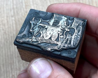 OX DRAWN CART Wagon Yoke and Driver Rider, Vintage metal letterpress printing plate, cards, antique gift, early transportation and hauling
