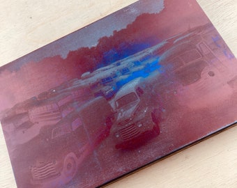 1950s SCHOOL BUSES Halftone Photo Plate Vintage Letterpress Printing Block, Copper engraving auto cut, automotive collectible, vintage bus