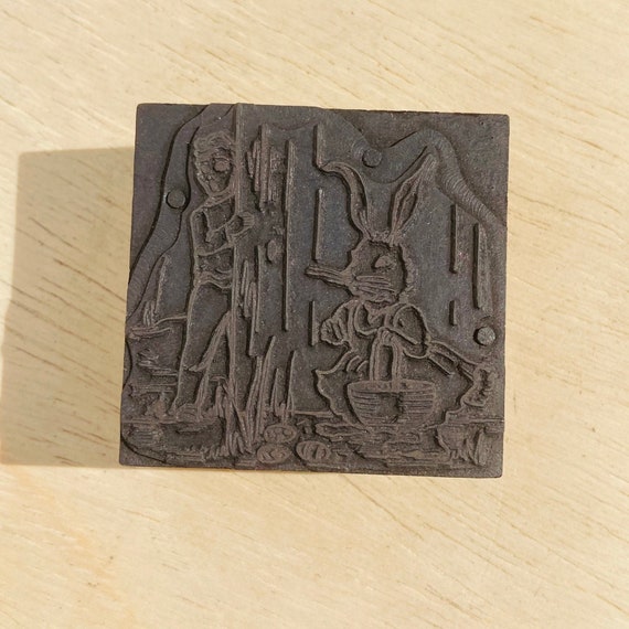 EASTER BUNNY in dress apron with eggs Vintage Letterpress Printing Block, Christian holiday cut, printmaking, antique 1920s, Easter basket