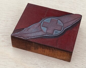 RED CROSS Red FEATHER Fundraising Logo Vintage Letterpress Printer Block, cut, 1950s ephemera, Community Chest Red Feather United Way