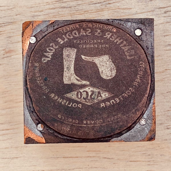 Asco LEATHER & SADDLE SOAP Vintage Letterpress Printing Block halftone, advertising shoe care horse tack cut packaging