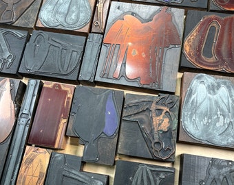 HORSE Tack EQUIPMENT Lot of 45 Copper ENGRAVINGS 1920s Antique Metal Letterpress Printing Press Blocks Plates, Saddles Bridles Collar Halter