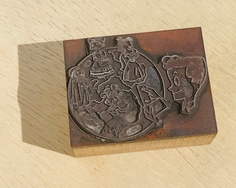 WORLD of WOMEN CARTOON Vintage Letterpress Printers Block, vintage ephemera, metal engraving, playboy ladies man cartoon, earth globe