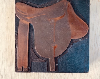 English SADDLE & STIRRUP for HORSES Vintage Letterpress Printers Block, copper halftone engraving cowgirl, printmaking, horse tack cut