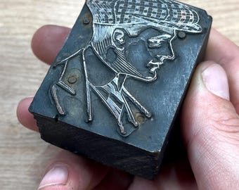 GOLF HAT CHAP Vintage Art Letterpress Printing Engraving Block design decor, invitation, cards, stationery, antique gift english paddy cap