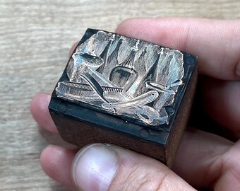 BARBER SHOP SHAVING hair salon Illustrated Vintage Metal Engraving Letterpress Printers Block, set of razors brushes comb scissors cologne